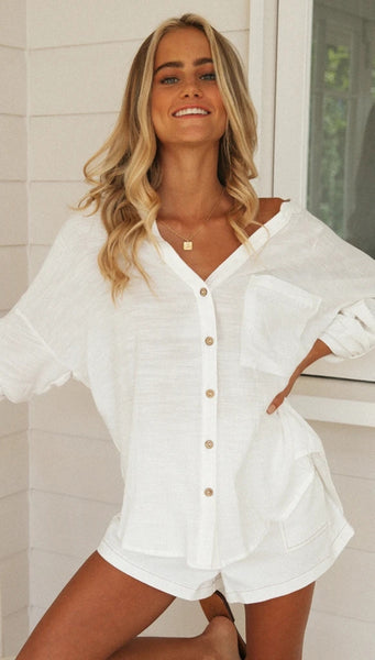 White Roll-Tab Button Down Shirt