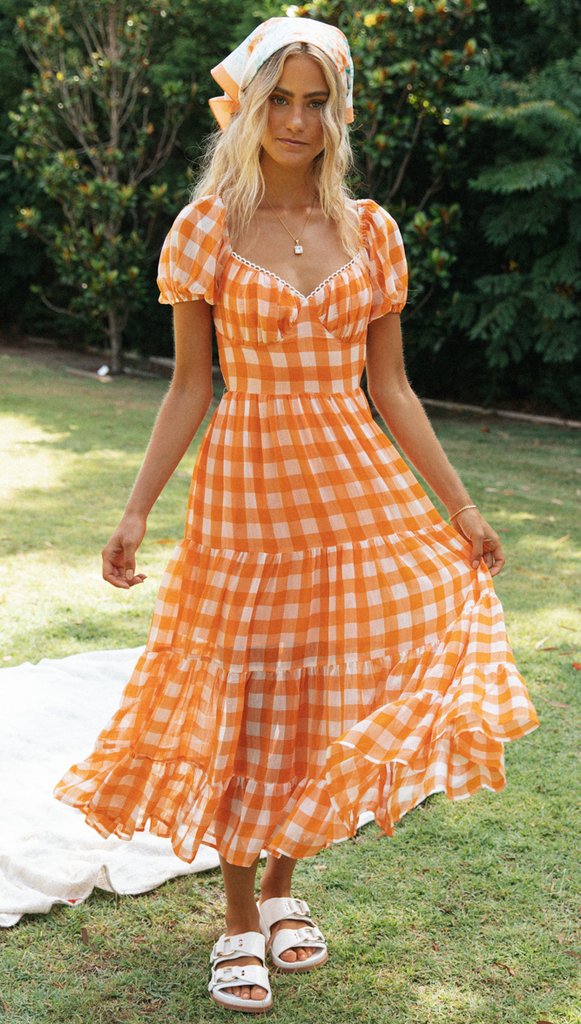 Orange Gingham Print Backless Dress