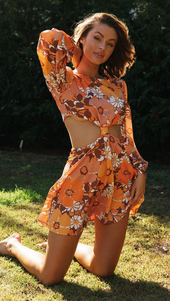Orange Cutout Waist Dress