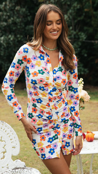Colorful Sunflower Button Down Dress