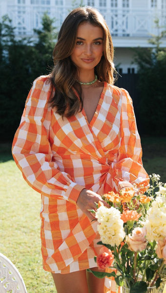 Orange Gingham Print Knot Dress