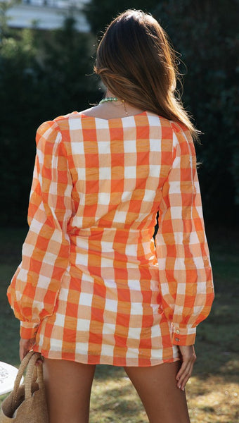 Orange Gingham Print Knot Dress