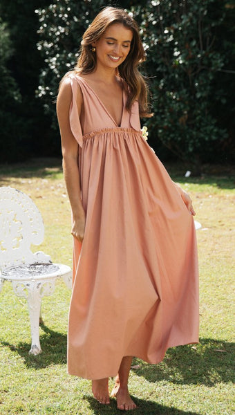 Pink Shoulder Tie Pleated Dress