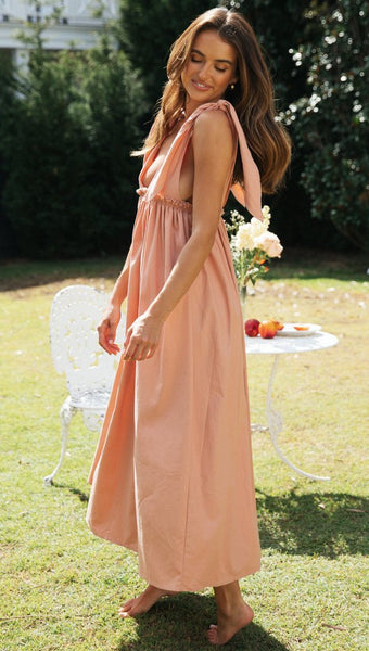 Pink Shoulder Tie Pleated Dress