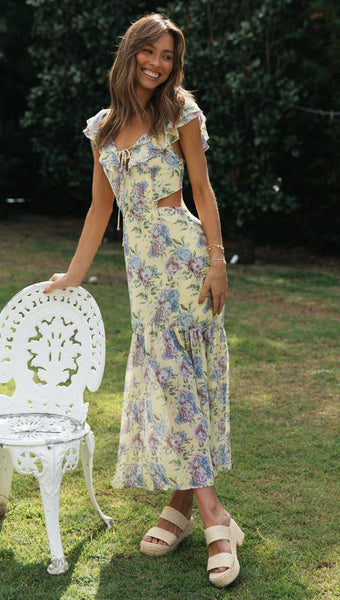 Yellow Floral High Slit Dress