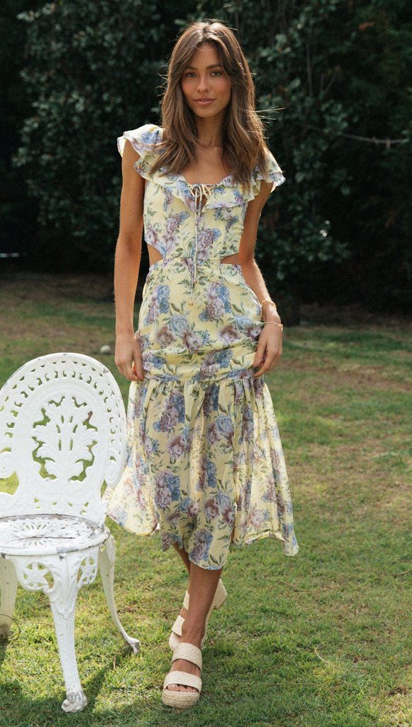 Yellow Floral High Slit Dress