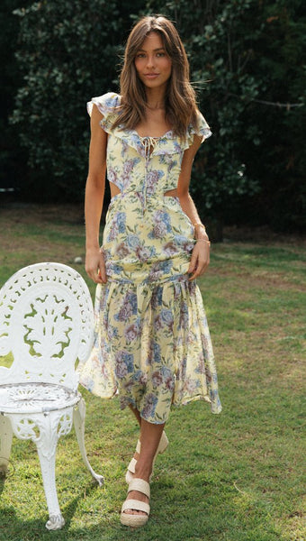 Yellow Floral High Slit Dress