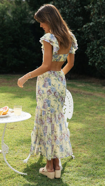 Yellow Floral High Slit Dress