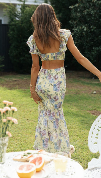 Yellow Floral High Slit Dress