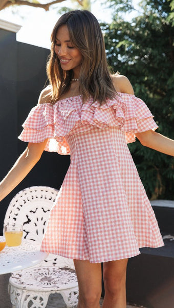 Pink Plaid Off Shoulder Dress