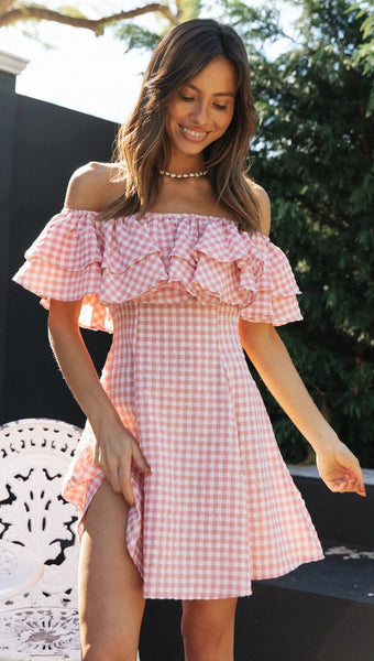 Pink Plaid Off Shoulder Dress