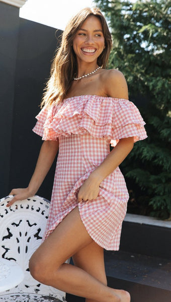 Pink Plaid Off Shoulder Dress