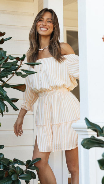 Coral Striped Off Shoulder Dress