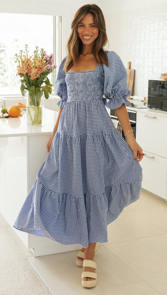 Blue Plaid Back Bowtie Long Dress