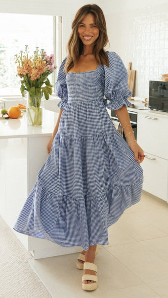 Blue Plaid Back Bowtie Long Dress