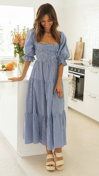Blue Plaid Back Bowtie Long Dress