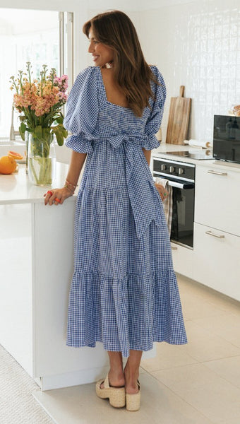 Blue Plaid Back Bowtie Long Dress