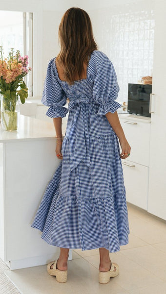 Blue Plaid Back Bowtie Long Dress
