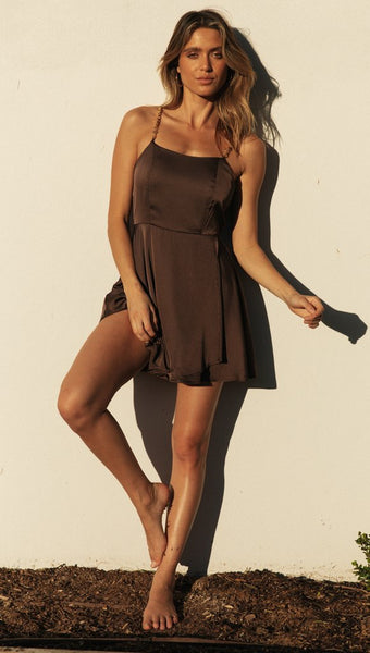Coffee Backless Slip Dress