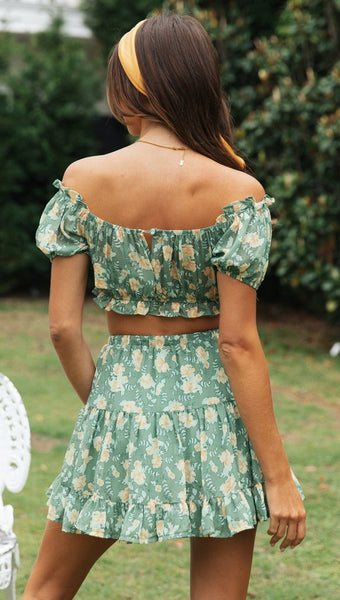 Green Floral Crop Top and Skirt Sets