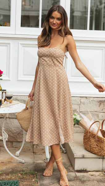 Beige Polk Dot Slip High Slit Dress