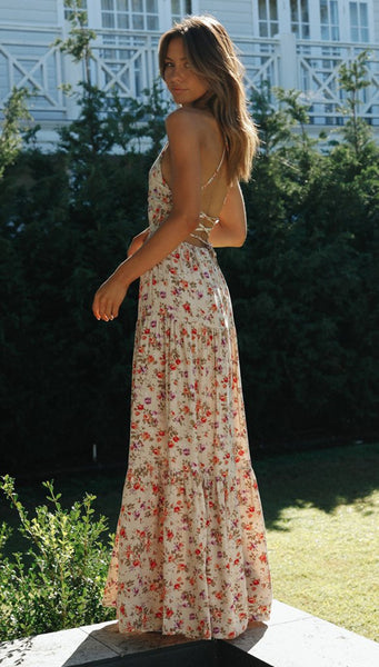 Delicate Floral Backless Maxi Dress