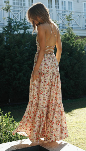 Delicate Floral Backless Maxi Dress