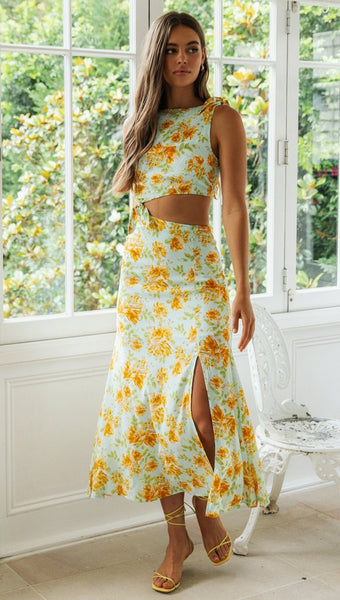 Aqua Floral Cutout Waist Bodycon Dress