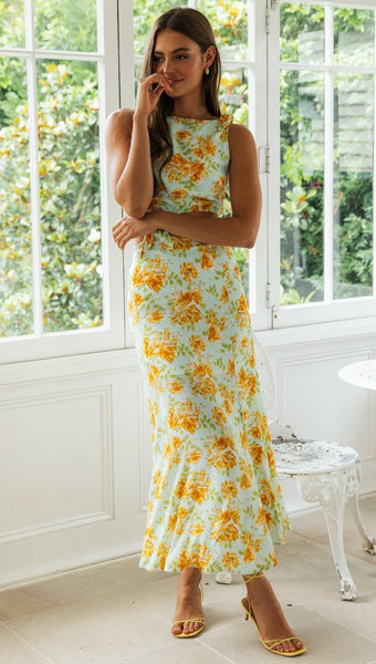 Aqua Floral Cutout Waist Bodycon Dress