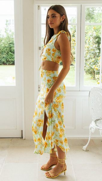 Aqua Floral Cutout Waist Bodycon Dress