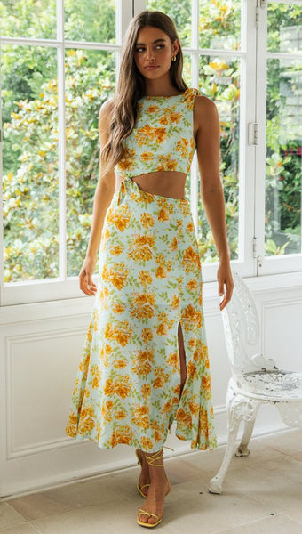 Aqua Floral Cutout Waist Bodycon Dress