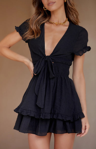 Black Short Sleeves Front Knot Dress