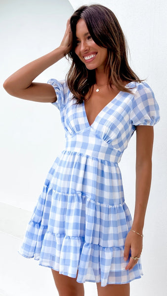 Blue Plaid Pleated Dress