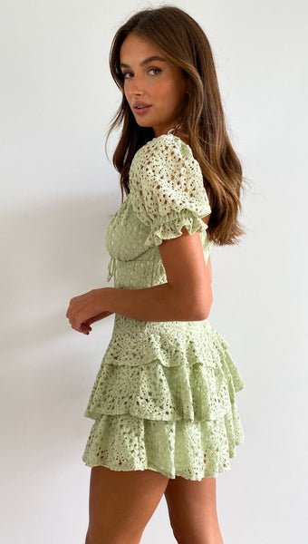 Green Crochet Lace-Neck Tie Dress