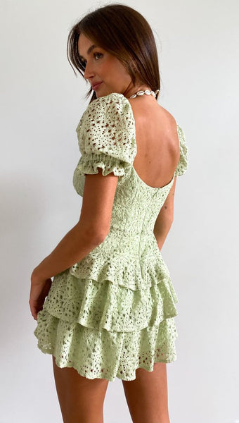 Green Crochet Lace-Neck Tie Dress