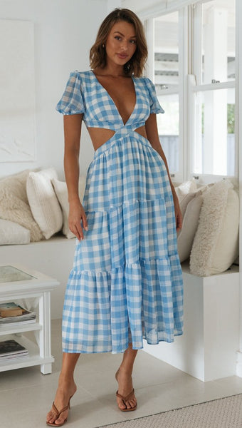 Blue Plaid Open Back Dress