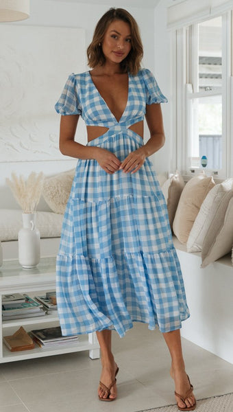 Blue Plaid Open Back Dress