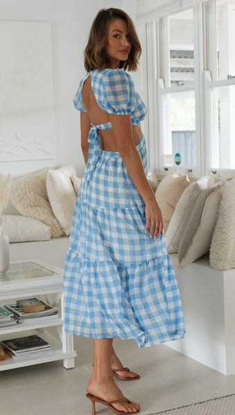 Blue Plaid Open Back Dress