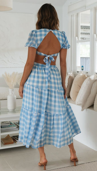 Blue Plaid Open Back Dress