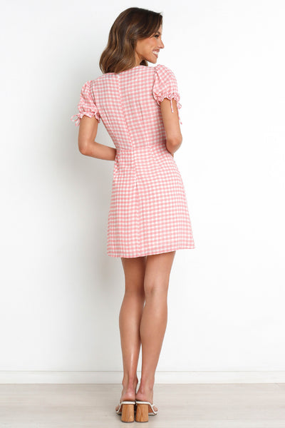 Pink Plaid V Neckline Dress