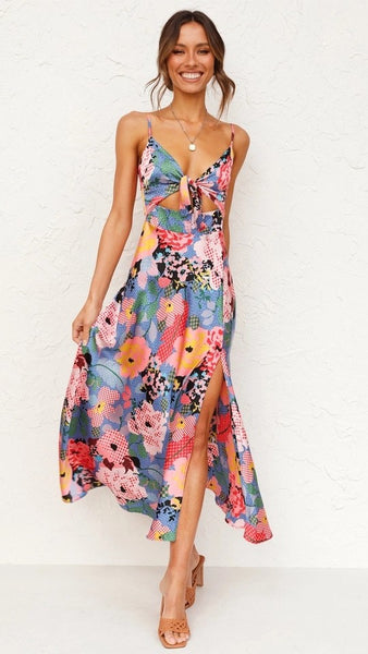 Bold Floral Print Knot Slip Dress