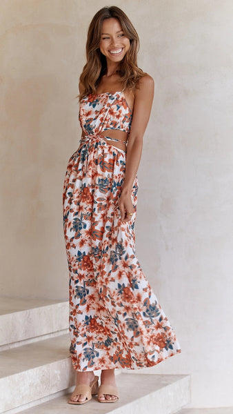 Floral Print Cutout Waist Slip Dress