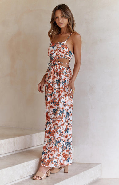 Floral Print Cutout Waist Slip Dress