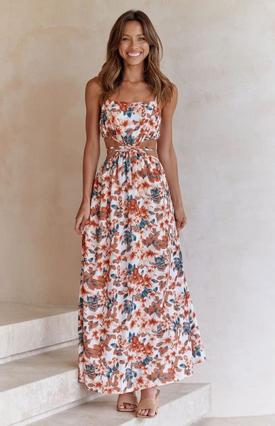 Floral Print Cutout Waist Slip Dress