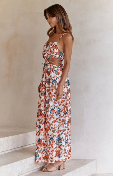 Floral Print Cutout Waist Slip Dress