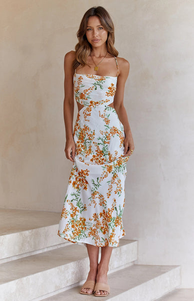 White Floral Cutout Waist Slip Dress