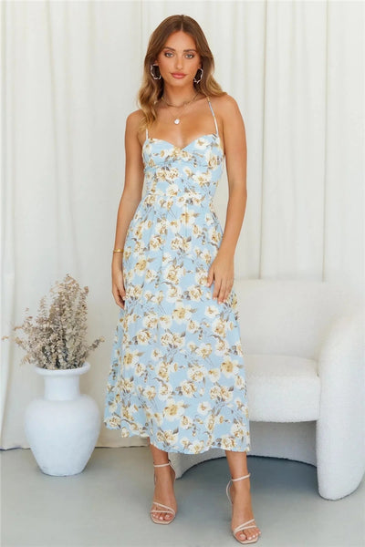 Blue Floral Backless Dress