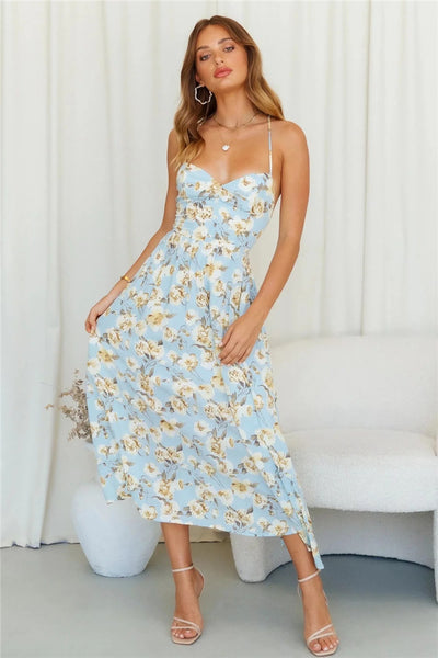 Blue Floral Backless Dress