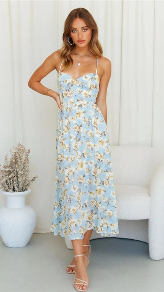 Blue Floral Backless Dress