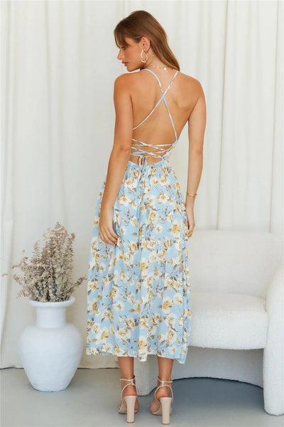 Blue Floral Backless Dress